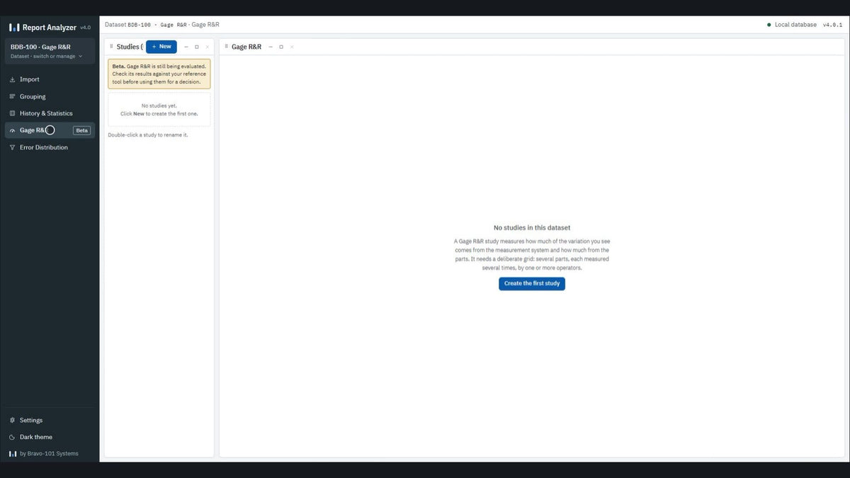 Clip: Gage R&R (Beta), from the auto-detected grid to the results with %GRR, ndc, and verdict