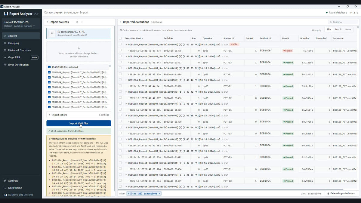 Clip: a folder with 1,543 reports in File Explorer, the Windows folder dialog and 1,543 runs imported