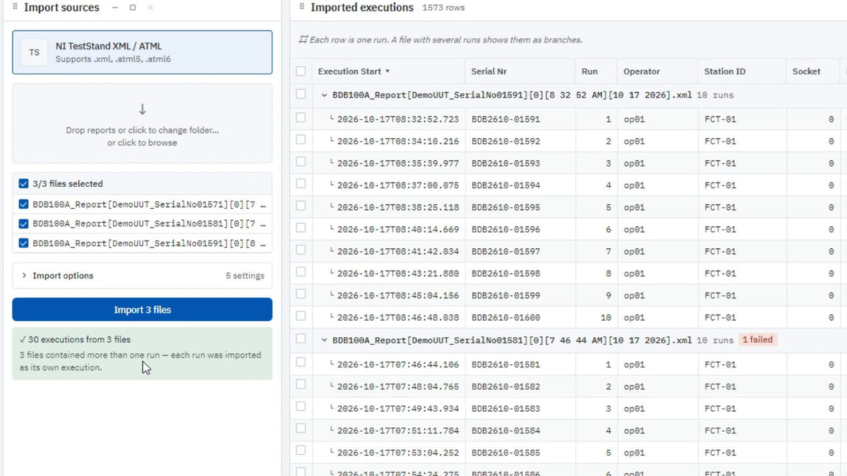 Clip: 3 files with 10 runs each are imported and every run shows up as its own execution