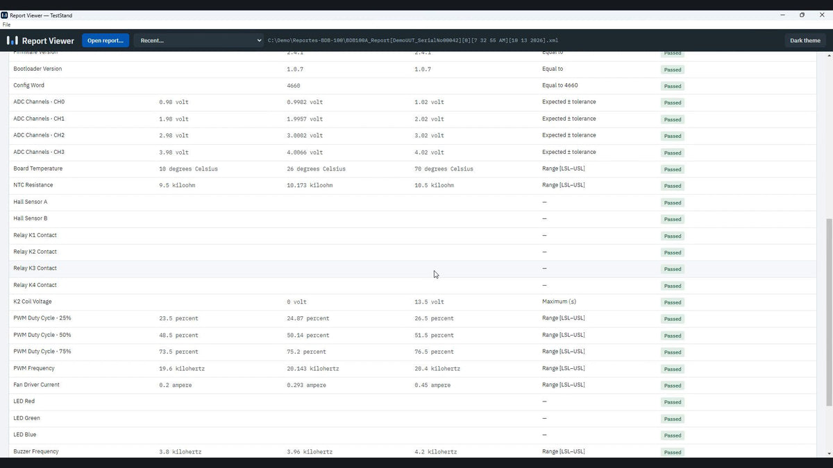 Clip: a TestStand report is dragged from File Explorer into Report Viewer and the step table is scrolled