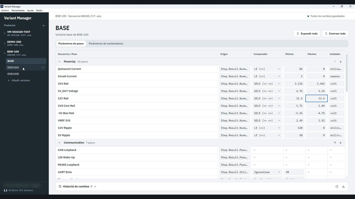 Variant Manager: la variante base de BDB-100 con el límite de cada paso y sus variantes por número de parte (datos de demostración)
