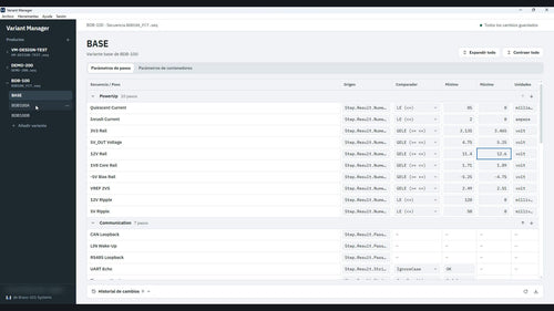 Variant Manager: la variante base de BDB-100 con el límite de cada paso y sus variantes por número de parte (datos de demostración)